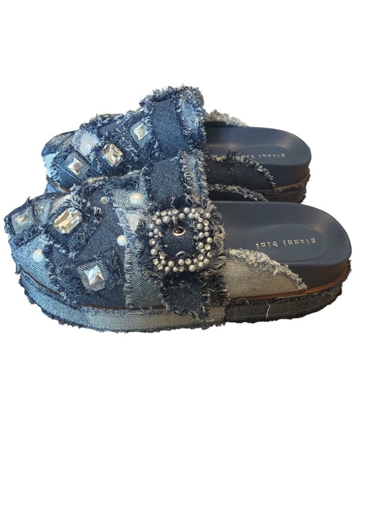 Gianni Bini Shoes - Gianni Bini Embellished Denim Patchwork Platform Mules Rhinestone Pearl 8.5